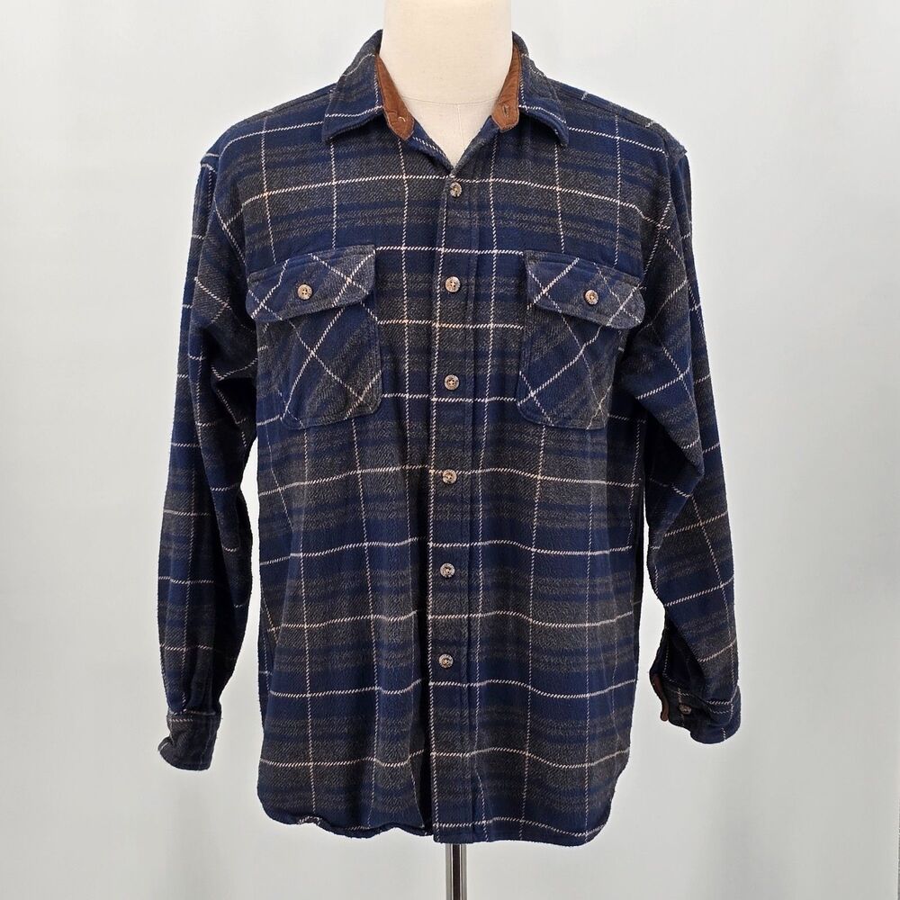 Vintage Field & Stream Heavyweight Flannel Shirt Mens L Gray Plaid Double Pocket - Picture 3 of 6